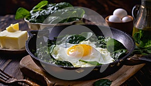 A pan of sunny side up eggs and spinach is on a wooden table with cheese