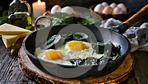 A pan of sunny side up eggs and spinach is on a wooden table with cheese