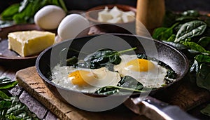 A pan of sunny side up eggs and spinach is on a wooden table with cheese