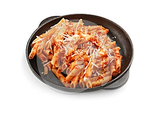 Pan with tasty pasta in tomato sauce on white background