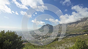 Pan of timelapse video of Table mountain, Cape Town, South Africa, with clouds passing over.