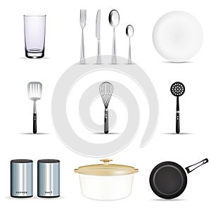 Pan vector kitchenware or cookware for cooking food with kitchen utensil cutlery and plate illustration set of dishware