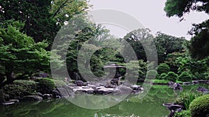 Pan video of Tokyo Metropolitan Park KyuFurukawa`s japanese garden`s Yukimi stone lantern overlooking Shinji pond in summer