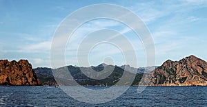 Pan View from boat of Girolata gulf in protected area, near by la Scandola, Corsica