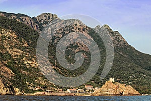 Pan View from boat of Girolata gulf in protected area, near by la Scandola, Corsica