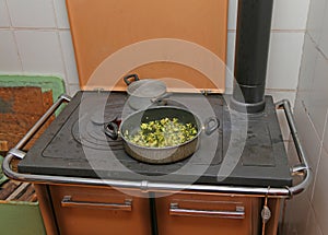 Pan with zucchini baked in cast iron stove with fire lit photo