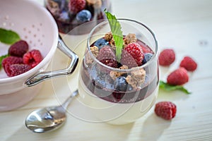 Panacotta dessert with raspberry and blueberry photo