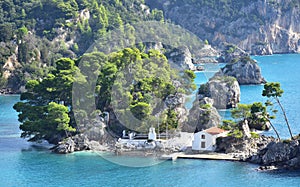 Panagia island in front of coast in village Parga,Greece