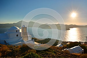 Panagia Thalassitra church at sunset. Plaka, Milos. Cyclades islands. Greece