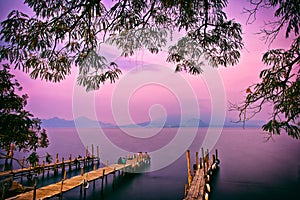 Panajachel Pier sunset, Lake Atitlan, Guatemala, Central America photo