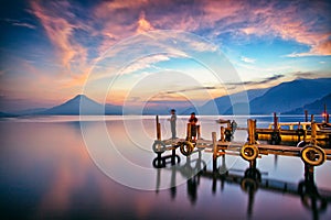 Panajachel Pier at Sunset, Lake Atitlan, Guatemala, Central America photo