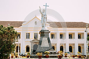 Panaji, India. Archbishop`s Palace And Statue Of Jesus In Sunny Day. The residence of the archbishop