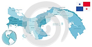 Panama administrative blue-green map with country flag and location on a globe.