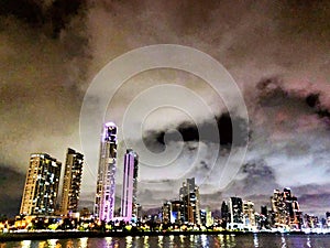 Panama, America. Septenber 01, 2019 - City skyscrapers skyline illuminated at night panama republic of Panama. Mobile phone photo