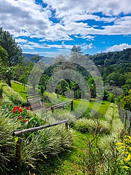 Panama, Boquete, tropical garden overlooking the volcanic hills