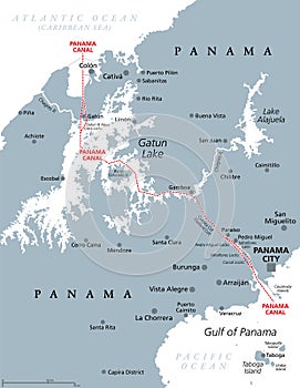 Panama Canal, artificial waterway in Panama, gray political map