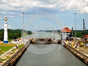 Panama Canal locks and Lighthouse