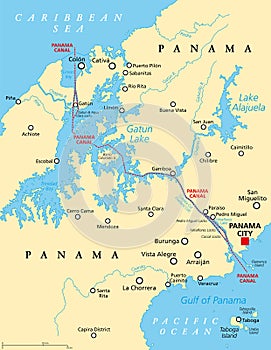 Panama Canal, artificial waterway in Panama, political map photo