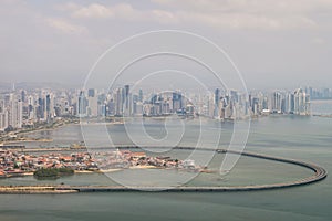 Panama City aerial - Casco Viejo and skyscraper skyline of down