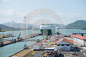 Cargo ship at Panama Canal, Miraflores Locks, Panama City