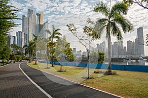 Panama City ocean promenade, sidewalk of public park with skyline backgound - Avenida Balboa