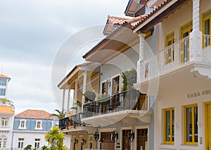 PANAMA CITY, PANAMA - APRIL 20, 2018: Beautiful Spanish colonial house with wrought iron and plants, Casco Viejo during