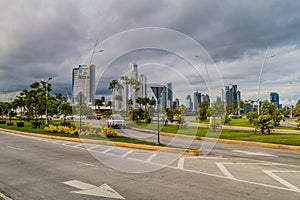 PANAMA CITY, PANAMA - MAY 27, 2016: Highway intersection with skyline of Panama Ci