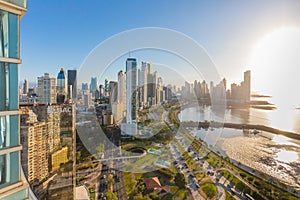 Panama city skyline at sunset Interamericana, Avenida Balboa and Cinta Costera aerial view