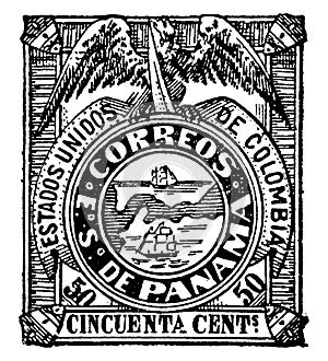 Panama in Colombian Republic Cencuenta Centavos Stamp in 1878, vintage illustration