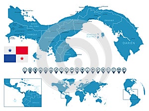 Panama - detailed blue country map with cities, regions, location on world map and globe. Infographic icons