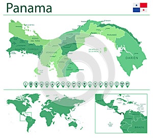 Panama detailed map and flag. Panama on world map