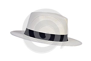 Panama hat style straw hat with black ribbon isolated on white background, straw hat for woman and man head protection