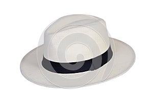 Panama hat style straw hat with black ribbon isolated on white background, straw hat for woman and man head protection