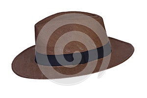 Panama hat style straw hat with black ribbon isolated on white background, straw hat for woman and man head protection