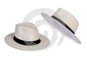 Panama hat style straw hat with black ribbon isolated on white background, straw hat for woman and man head protection iamge