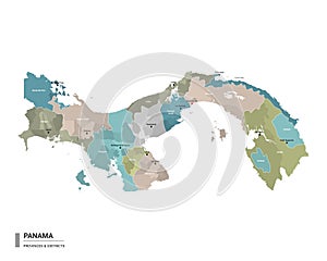 Panama higt detailed map with subdivisions. Administrative map of  Panama with districts and cities name, colored by states and