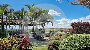 Panama, Los Molinos, tropical garden with decorative wooden cart