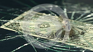 Panama money, Falling value of dollar in Panama, Business concept, Cracked glass and spinning Panamanian Balboa coin, dark