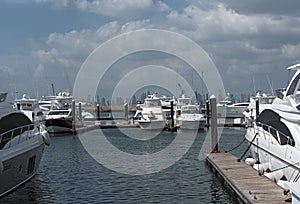 Panama skyline of the city from the marina of perico island at the amador causeway photo