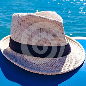 Panama style hat with the beautiful sea of â€‹â€‹Tuscany in the background