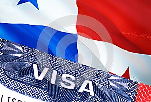 Panama Visa Document, with Panama flag in background. Panama flag with Close up text VISA on USA visa stamp in passport,3D