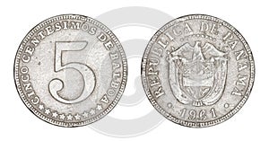 Panamanian coin 5 centesimos 1961, isolated on white background