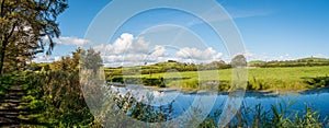 Panaorama of English rural countryside scenery on British waterway canal