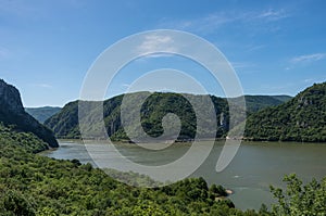 Panarama of Danube river with Decebalus Head sculpted in rock, D