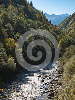 Panarama of mountain river valley photo