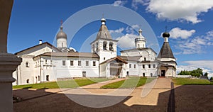 Panaramic view to ancient Ferapontov Belozersky male monastery of XV century. Complex of temples Located on the shore of photo