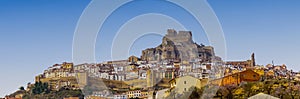 Panaroma cityscape view of the historic hilltop coty of Morella in central Spain