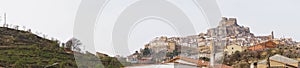 Panaroma cityscape view of the historic hilltop coty of Morella in central Spain
