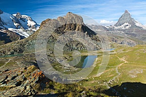 Panaroma in Swiss Alps with Rifelsee and Matterhorn, Switzerland