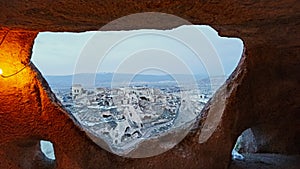 Stone houses and caves at Uchisar region in Cappadocia in Turkey